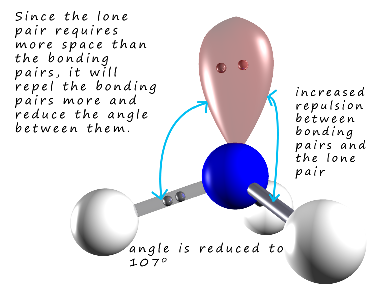 3d model showing the increased repulsion in ammonia between the lone pair of electrons and the 
bonding pair of electrons.